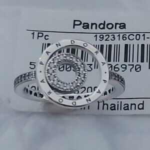 Auth PANDORA Sterling Silver Signature Logo Circles Pavé Ring 192316C01-54